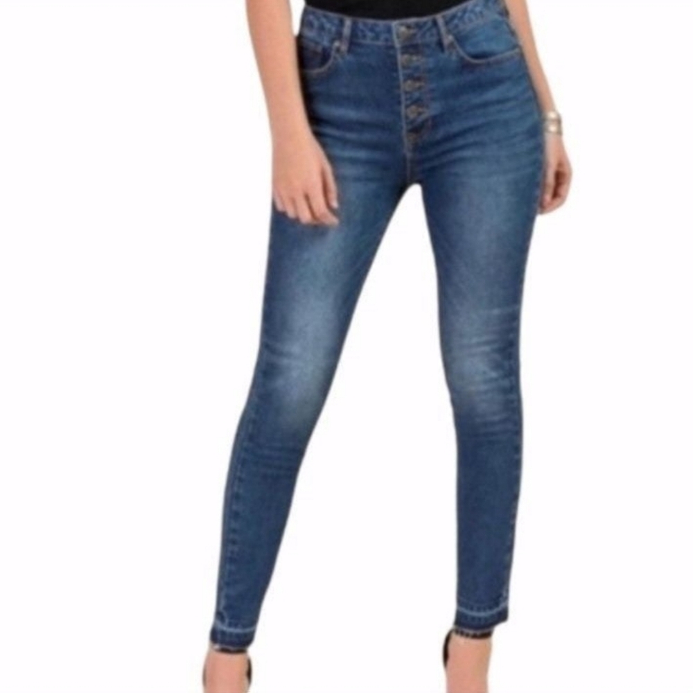 Francescas Harper Heritage Skinny Button Fly High Rise Jeans Stretchy Raw Hem 28